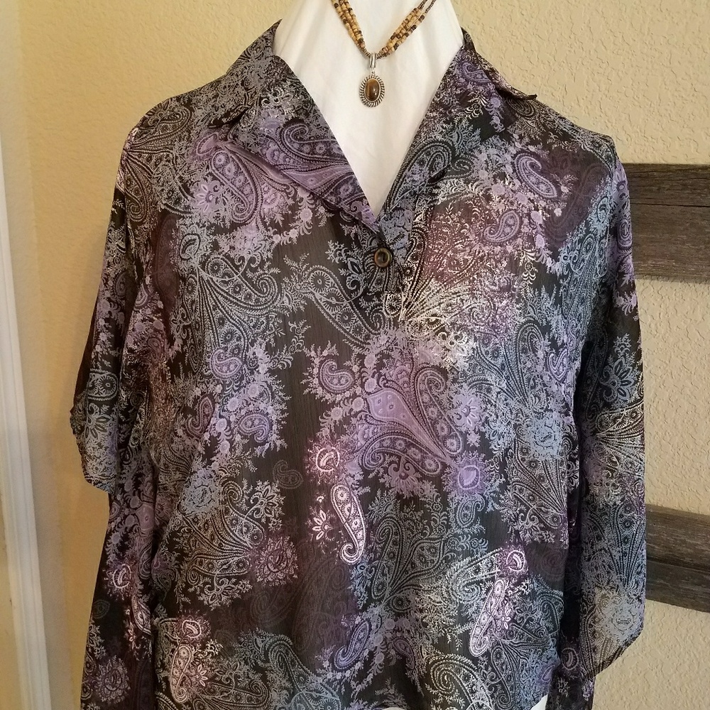 Susan Graver Paisley Batwing Blouse 1x purple blck
